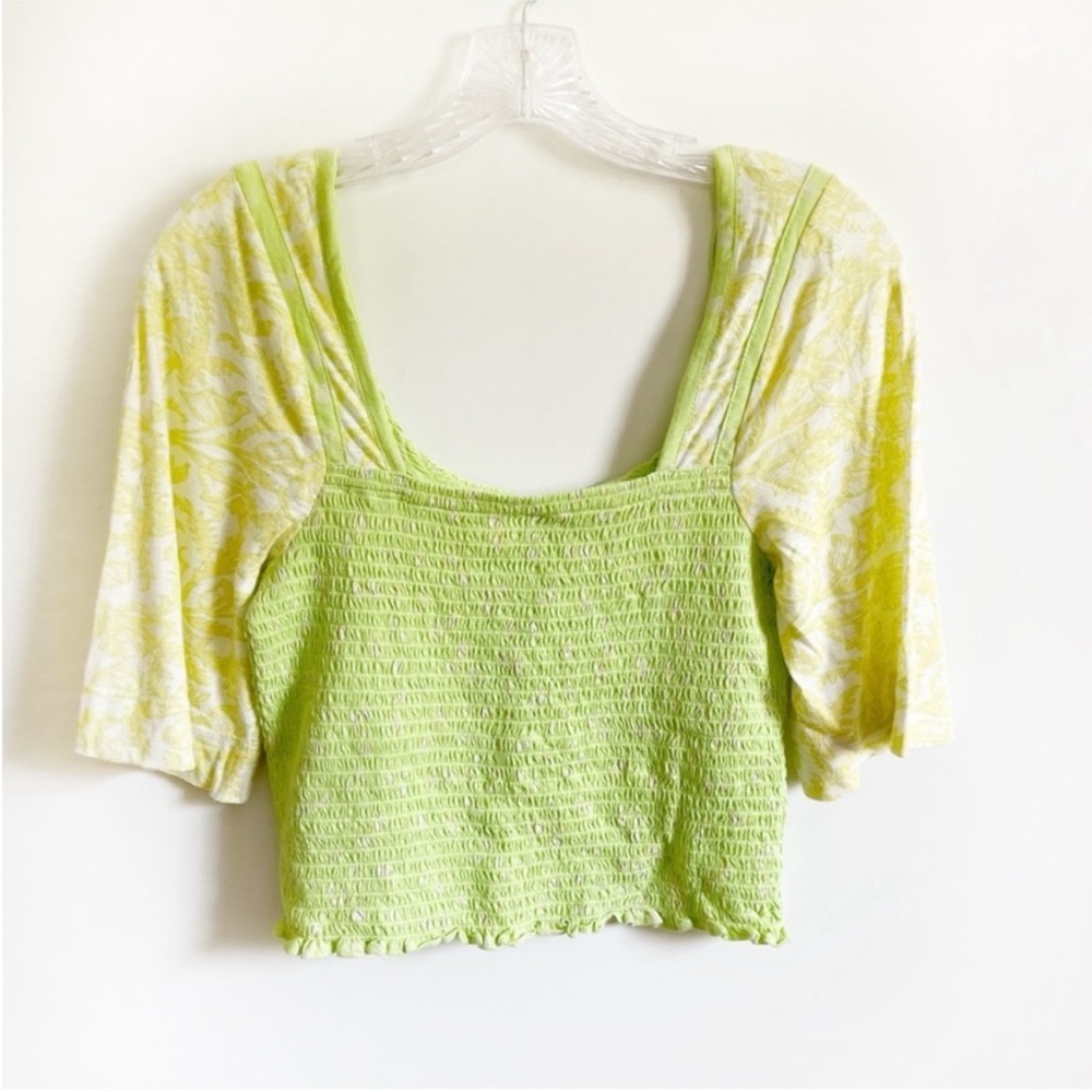 Free People Marigold top green yellow Key Lime floral smocked jersey cropped - Picture 10 of 10